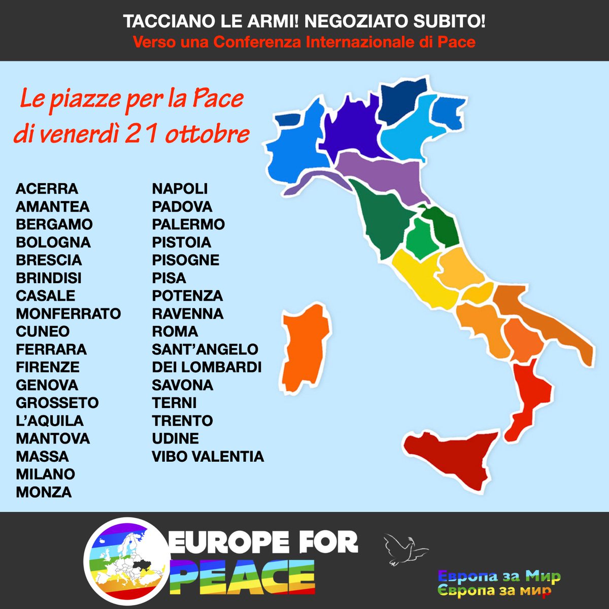 Da oggi a domenica la mobilitazione della coalizione #EuropeForPeace che unisce 400 organizzazioni. Si parte stasera a #Roma con la fiaccolata in Campidoglio per finire all'Angelus.
Le iniziative in programma #oggi venerdì 21 ottobre: bit.ly/3SkhdCA