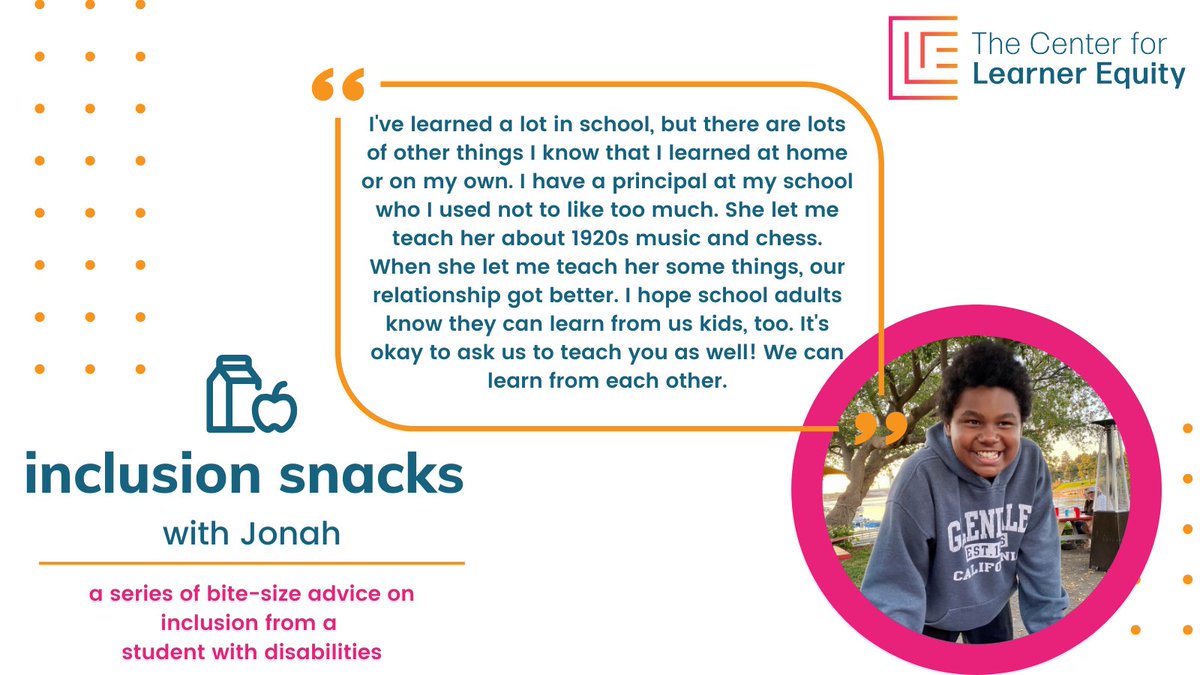 LearnerEquity's tweet photo. Welcome to week 4 of #InclusionSnacks! We hope you're hungry to learn what Jonah thinks about intergenerational learning. Enjoy this food for thought! @educateall_org  #studentswithdisabilities #educators https://t.co/wV4WY1vn9K