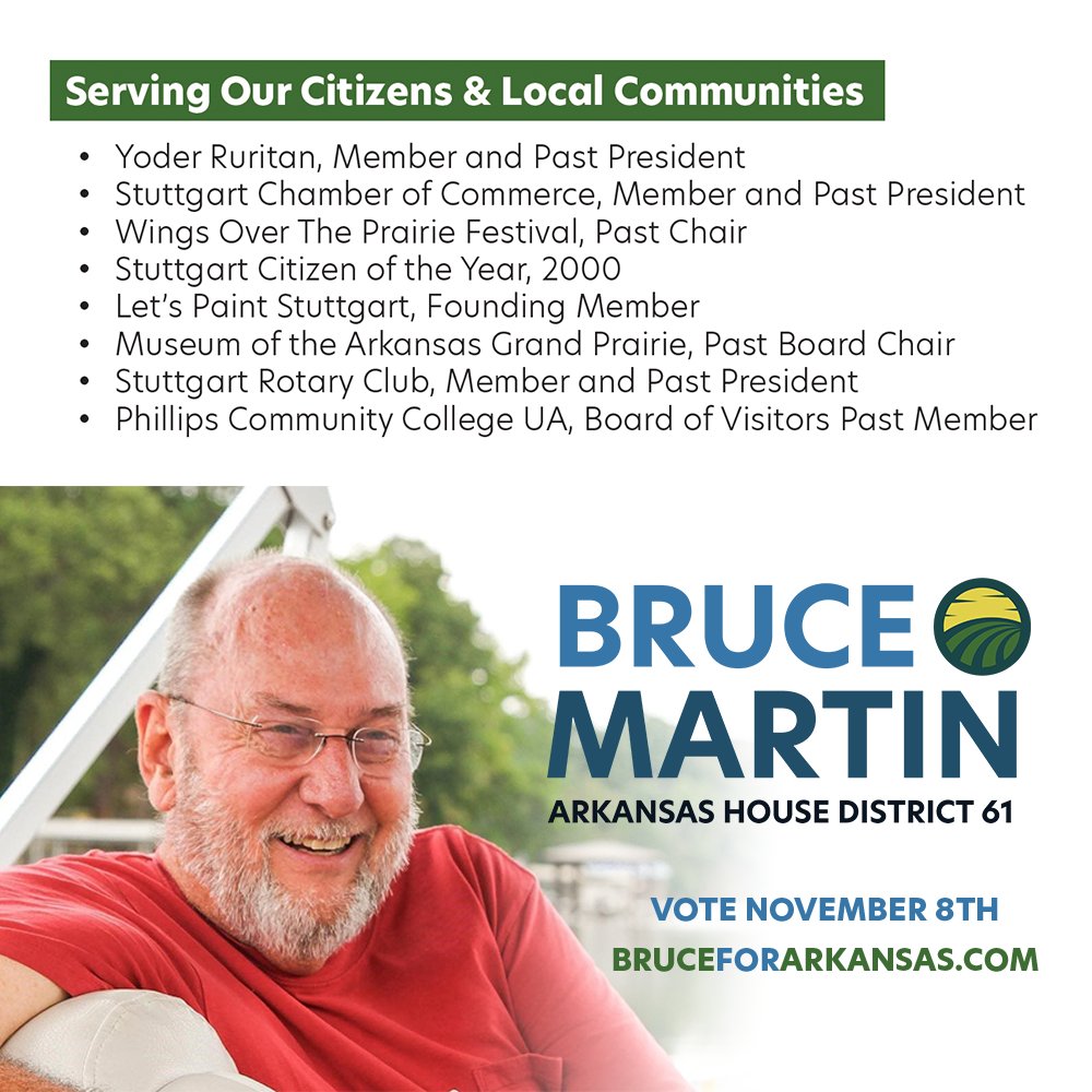 BruceMartinAR's tweet photo. I’m the past president of the Stuttgart Chamber of Commerce – I have years of experience building a vibrant economy, one where people feel like they can start and raise a family and not have to move anywhere else. We can have a bright future, but we need real leaders. https://t.co/fA5ju9MUnR