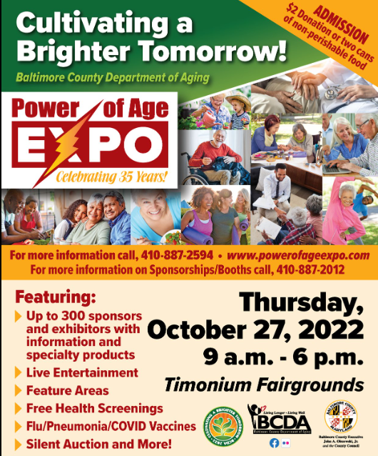 Baltimore_JHSG's tweet photo. Attend the Baltimore County Department of Aging Power of Age Expo on Thursday, October 7th from 9am-6pm at the Timonium Fairgrounds. This expo showcases information, resources, products and services to approximately 11,000 attendees. @BaltCoGov 
https://t.co/kJBKVf37aa https://t.co/4hfEbQRd6S