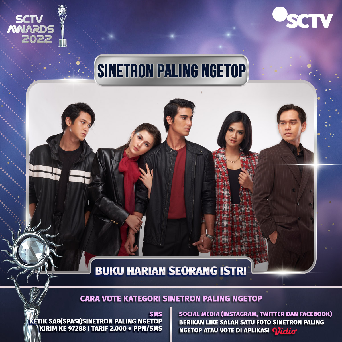SCTV's tweet photo. Dukung "Buku Harian Seorang Istri" untuk memenangkan Kategori Sinetron Paling Ngetop dengan cara follow akun social media SCTV dan like foto ini, ya! 

#VoteSA2022 #SA8 #SA2022BHSI #SCTVAwards2022 #SCTVSpesial https://t.co/o9Kka9XR2q