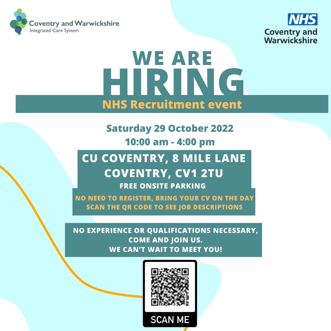 WestMidlandsSMP's tweet photo. The NHS in Coventry and Warwickshire are hiring! No experience necessary, just bring your CVs on the day. Scan QR code on the poster below for more details
#happyhealthycw #NHSRecruitmentday #NHSWestMids #WMSMP #BNOs https://t.co/hSEm8YkuF7