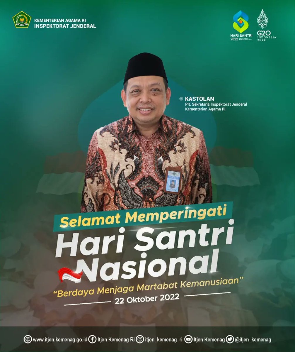 Selamat Memperingati Hari Santri Nasional

22 Oktober 2022

"Berdaya Menjaga Martabat Kemanusiaan"

#ItjenKemenag