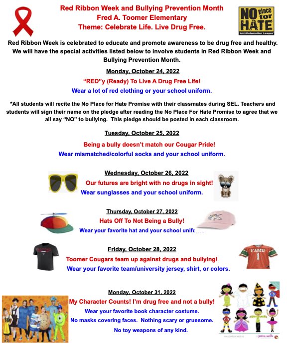 Toomer Elementary School Next Week Is Redribbonweek Please See The Updated Flyer Below For A List Of Toomer S Events Next Week See You On Monday Red Y To Live A Drug