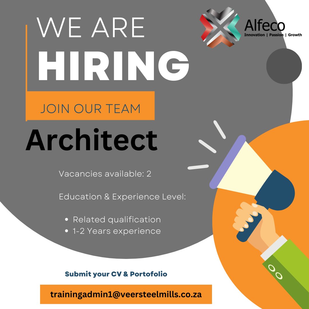 VeerSteelMills's tweet photo. 🚨🚨🚨We’re Hiring!  

Vacancy: Architect x2 

Closing date: 31 October 2022  

Good luck 😊  

Alfeco Holdings is an equal opportunity and affirmative action employer. We intend to promote representativity (race, gender and disability) through the filling of these positions. https://t.co/c2U0hrQCM7