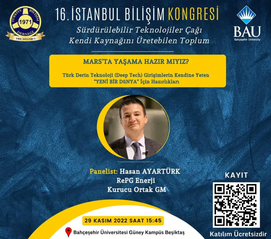 16. İstanbul Bilişim Kongresi
29 Kasım 2022

Issız Bir Adaya Düştüğünüzde Yanınıza Alacağınız Üç Girişim!
Sürdürülebilir Teknolojilerin Çağı, Kendi Kaynağını Üretebilen Toplum temasıyla, En son Teknolojileri konuşacağımız Panelimize Davetlisiniz.
docs.google.com/forms/d/e/1FAI…