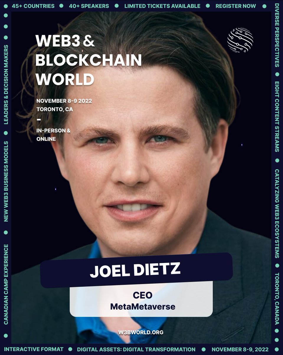 That's <a href="/jdietz/">JØΞL ĐIΞTZ</a>! Founder &amp; CEO of <a href="/m2verse/">MultiversalME</a> that will join #W3B2022 to talk about several key initiatives in the cryptocurrency space.

Join 1,000+ attendees in Toronto this November to find valuable leads and access premium content.

Register now. bit.ly/3xaZbLo