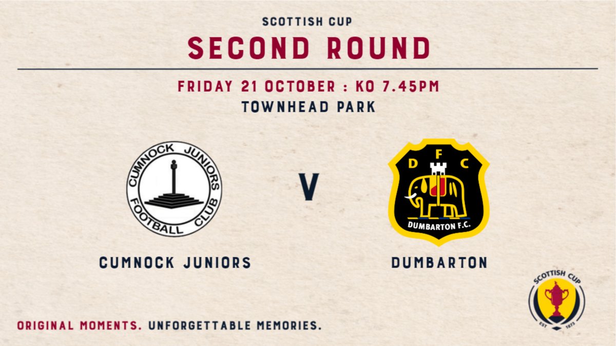 Scottish Gas Scottish Cup (@scottishcup) on Twitter photo π The Men's Scottish Cup Second Round begins tonight with <a href="/CumnockJnrsFC/">Cumnock Juniors FC βοΈβοΈβοΈ</a> v <a href="/Dumbartonfc/">Dumbarton FC</a>.
πΊ Watch the 7.45pm kick-off live on <a href="/BBCScotland/">BBC Scotland</a>.
#ScottishCup π The Men's Scottish Cup Second Round begins tonight with <a href="/CumnockJnrsFC/">Cumnock Juniors FC βοΈβοΈβοΈ</a> v <a href="/Dumbartonfc/">Dumbarton FC</a>.
πΊ Watch the 7.45pm kick-off live on <a href="/BBCScotland/">BBC Scotland</a>.
#ScottishCup