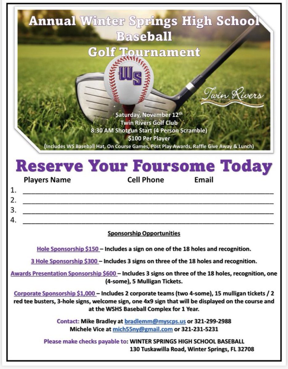 Please consider supporting our program &amp; play or donate to our Annual Golf Tournament Fundraiser Saturday November 12th @ Twin Rivers! See flyer attached or visit …-golf-tournament.perfectgolfevent.com to reserve your foursome or donation online! #SpringsRising <a href="/WSBearAthletics/">WINter spRINGS ATHLETICS</a> <a href="/Petes_dragons/">Mr. Gaffney</a>