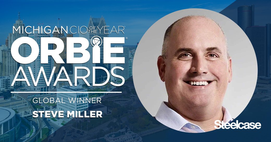 InspireCIO's tweet photo. Congrats Steve Miller of @Steelcase, the 2022 #MichiganCIO Global #ORBIE winner! https://t.co/sxnYYoz2q5