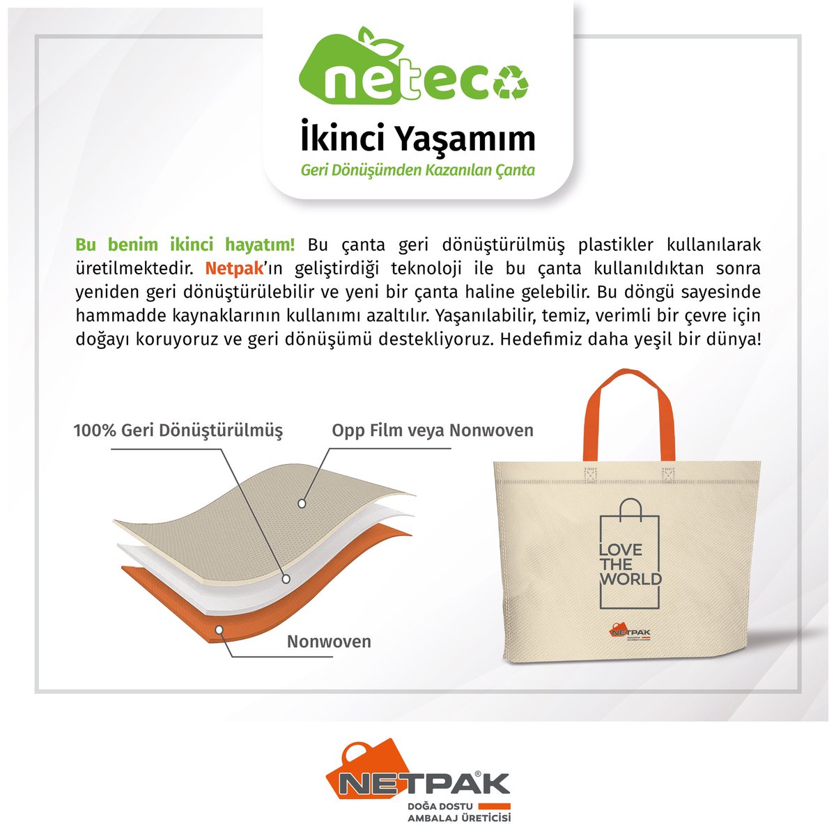 netpaktr's tweet photo. NETECO

İkinci Yaşamım Geri Dönüşümden Kazanılan Çanta...

Bu benim ikinci hayatım! Bu çanta geri dönüştürülmüş plastikler kullanılarak üretilmektedir.

NETECO

İkinci Yaşamım Geri Dönüşümden Kazanılan Çanta...

#netpaktr #lovetheworld #lovetherecycle #neteco #bezçanta https://t.co/57lzuoweu7