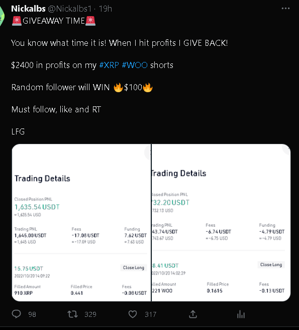 Nickalbs1's tweet image. 🚨TODAYS GIVEAWAYS 🚨

$100 from the #XRP and #WOO short 💪 (will be random) 

5 @The_Chimpsons (being hand selected for the loyal ones ❤️)