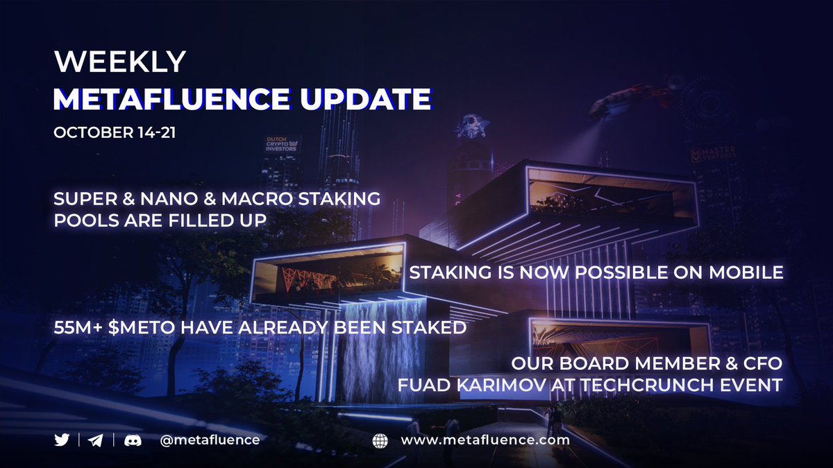 metafluence's tweet image. 🚀 Weekly #Metafluence Updates:

1️⃣ SUPER, NANO, and MACRO #Staking Pools have been filled up;

2️⃣ Staking on Mobile is now possible;

3️⃣ 55M+ $METO have already been staked;

4️⃣ Our Board Member &amp;amp; CFO @MrFuadKarimov1 represented Metafluence at the @TechCrunch #Disrupt2022 Event.
