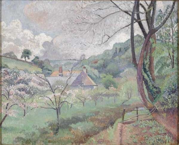 #LucienPissarro travelled widely in the south but was particularly inspired by Devon, first visiting the area in 1913. He was captivated by the topography of the secluded wooded combe and rural buildings - seen in this depiction of apple blossom Happy #AppleDay everyone 🍎!