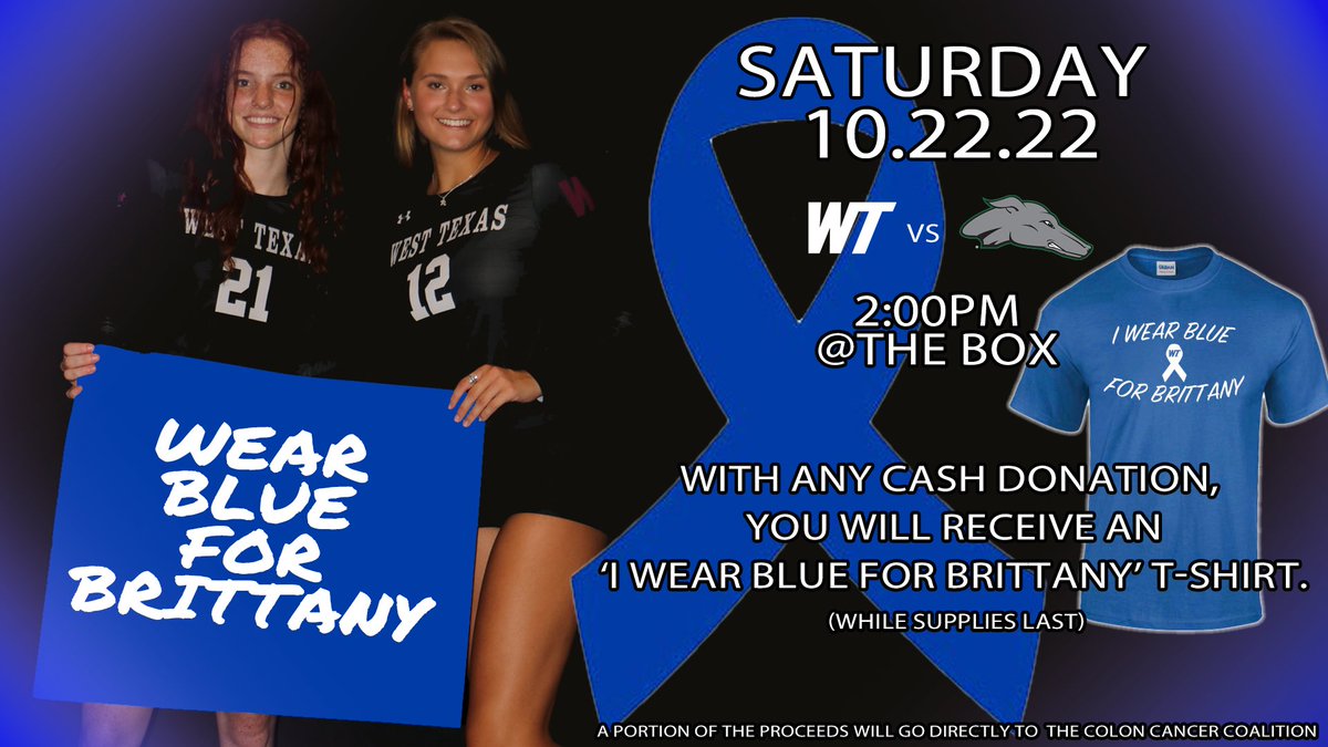 Wear Blue for tomorrows Gameday vs Eastern New Mexico! With a cash donation you will receive an ‘𝐼 𝓌𝑒𝒶𝓇 𝒷𝓁𝓊𝑒 𝒻𝑜𝓇 𝐵𝓇𝒾𝓉𝓉𝒶𝓃𝓎’ t-shirt. (while supplies last) *A portion of the proceeds will go directly to The Colon Cancer Coalition. #BuffNation | #Allin