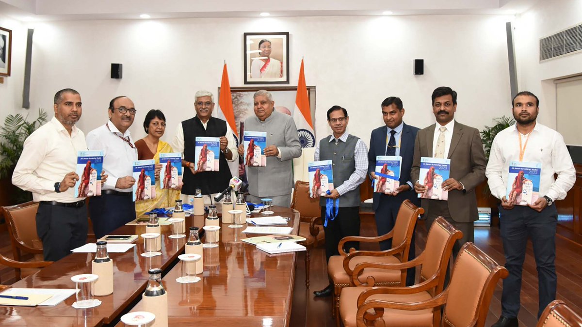 VPIndia's tweet photo. Hon’ble Vice President, Shri Jagdeep Dhankhar released Jal Jeevan Survekshan Tool Kit, 2023 &amp; JJS-2023 Dashboard at an event organized by Ministry of Jal Shakti at Upa-Rashtrapati Nivas. Hon��ble Union Minister of @MoJSDoWRRDGR, Shri Gajendra Singh Shekhawat was also present. https://t.co/6TYvn0LQMP
