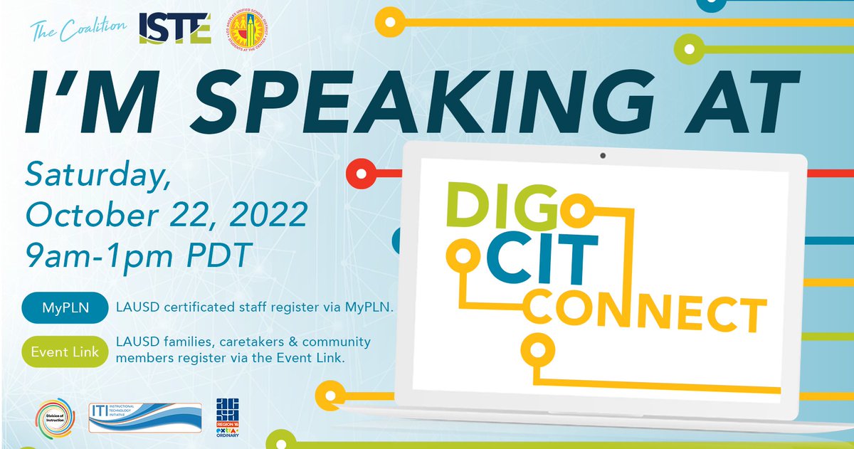 Looking forward to speaking at #DigCitConnect with my fellow #istecert colleague, @MissG_LAUSD! Other tech leaders, educators, & #digcit experts will share about creating a healthy #DigitalCitizenship  culture at home & school. Join us! @ITI_LAUSD @iste #DigCitLA @LASchools