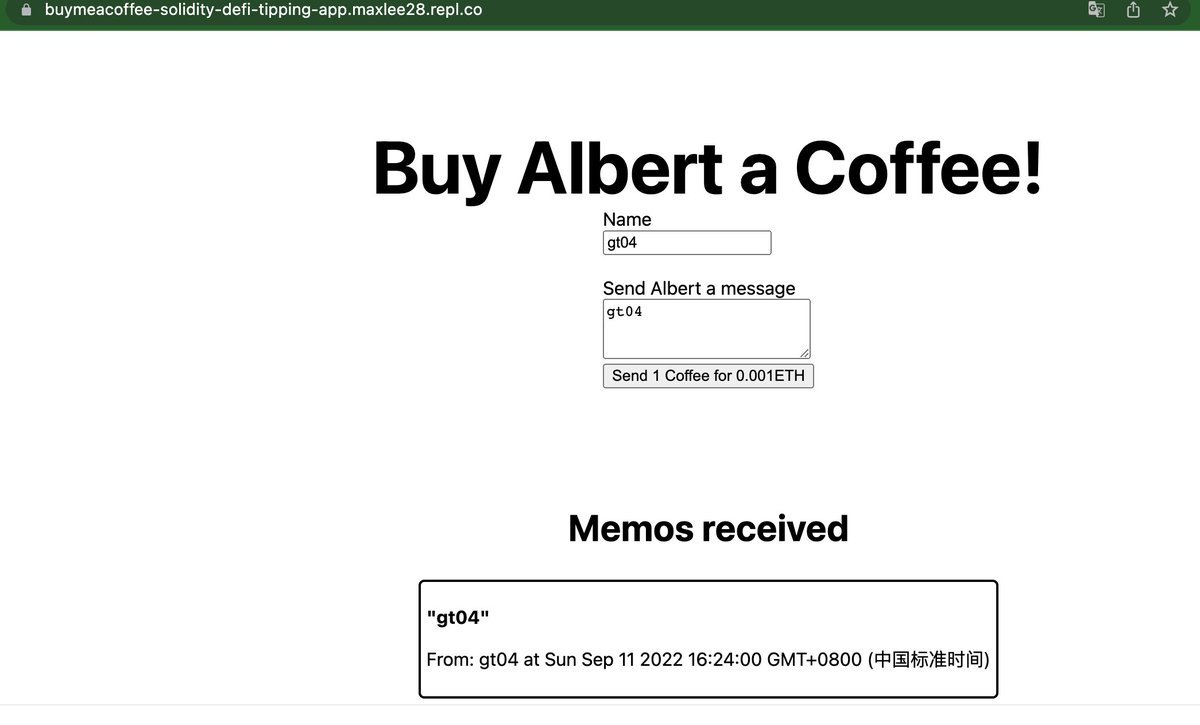 我的web3 学习
web3之路 第二周完成, 学会如何构建“Buy me a coffee”的Defi APP