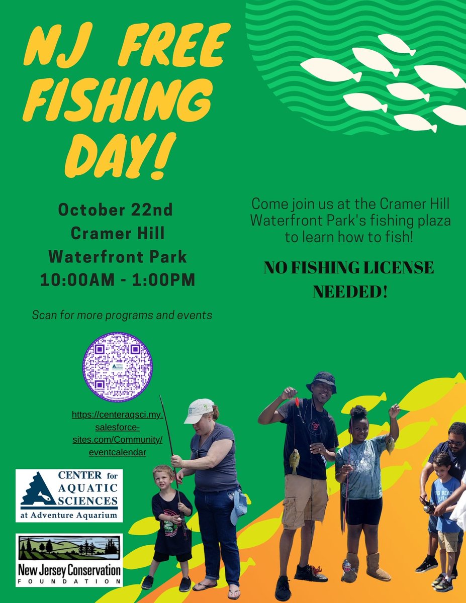 Center4AqSci's tweet photo. Join us tomorrow for NJ Free Fishing Day at Cramer Hill Waterfront Park Fishing Plaza. We will be there 10am to 1pm with everything you need to try fishing. 
Great for all ages. 
No license required. 
https://t.co/Zh1vOgwkl9 https://t.co/TJazjXnJej