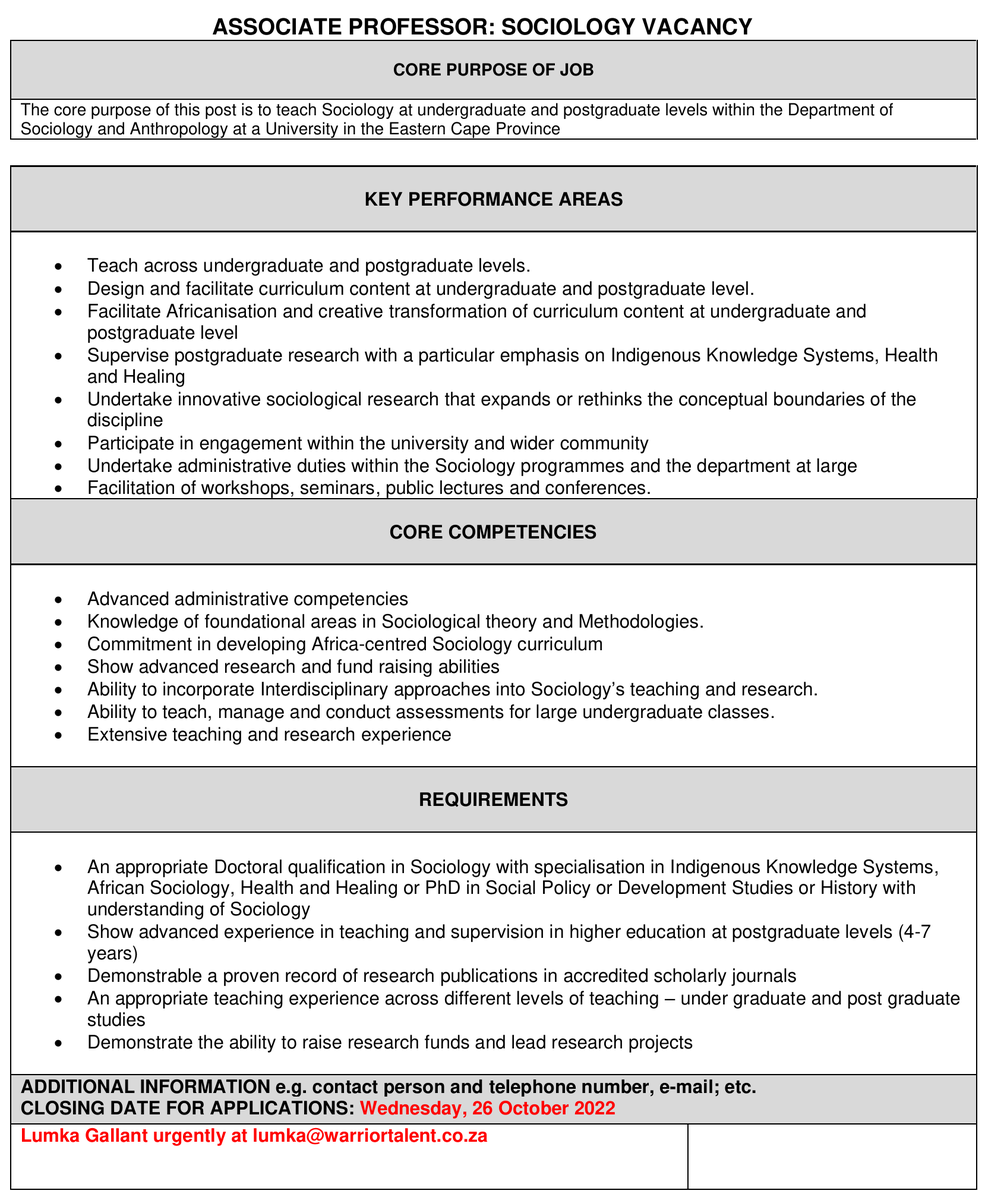 sasasociology's tweet image. #Sociology Vacancy: Associate Professor 
in the Dept. of Sociology and Social Anthropology @MandelaUni 
Closing Date: Wednesday 26th October '22