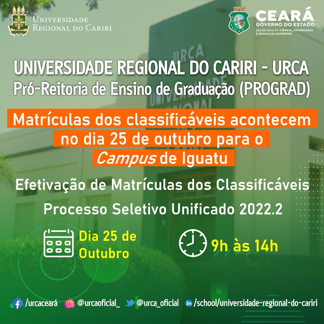Matrículas dos classificáveis acontece no dia 25 de outubro para o campus de Iguatu

::. Acesse urca.br e confira a notícia completa.