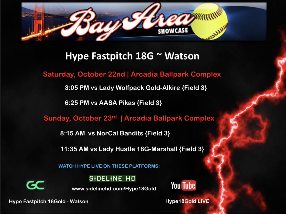 🚨 <a href="/BA_Showcase_/">Bay Area Showcase</a> Schedule!! 
📍 Arcadia Ballpark, Field 4
2208 Quimby Rd. | San Jose, CA 95122
#Hype18Gold #BayAreaShowcase2022 
❕
<a href="/SBRRetweets/">Softball Recruiting Reposts</a> <a href="/Los_Stuff/">Carlos Arias</a> <a href="/TopPreps/">Top Preps #1 Scouting and Promotional Services</a> <a href="/IHartFastpitch/">I❤️Fastpitch</a> <a href="/PlaySoftballNet/">Play Softball</a> <a href="/Softball_Home/">Softball Home🥎</a> <a href="/DfwSho/">DFW Sho'Case</a>