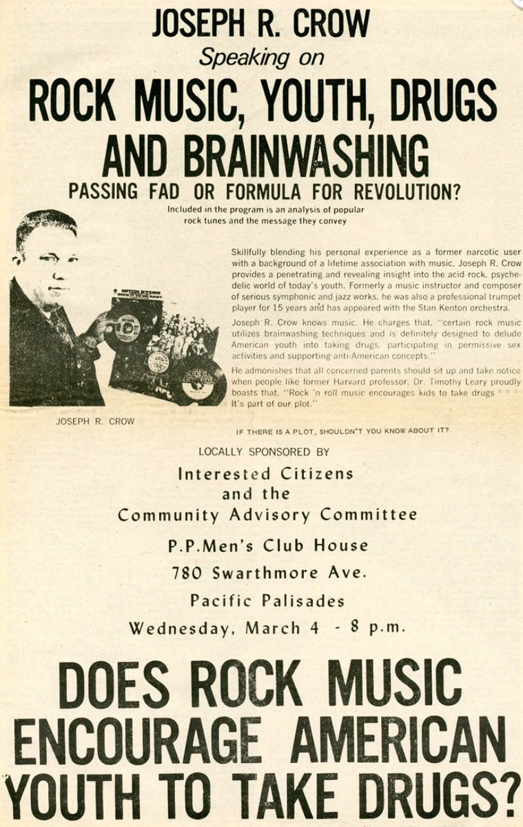 doctorow's tweet photo. 1970.

The John Birch Society sponsored a lecture series titled Rock Music - Youth, Drugs and Brainwashing.
https://t.co/mLx7ooFkBF https://t.co/6gVB6azpG4