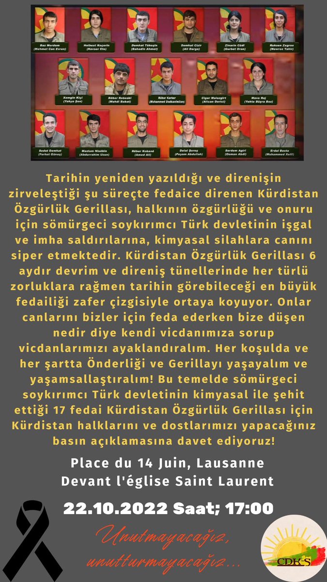 21_KARDASismail's tweet photo. Bêdengî hevkariya herî mezin e.  Divê tu kes nebe şirîkê vî sûcî û çavên xwe negire.  Em bang li hemû gelê Kurd, welatparêz û dostên xwe dikin ku li dijî hovîtiya kîmyewî û sûcên şer têbikoşin.  #KimyasalSavaşSuçudur https://t.co/hKS1NL01yf