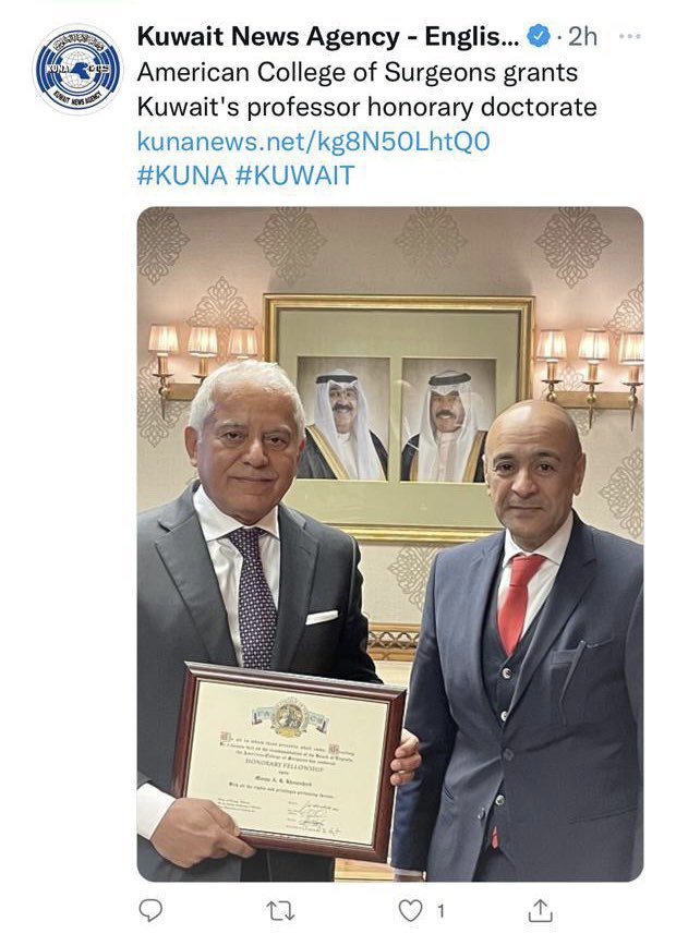 Congratulations @Dr_Khoursheed on a well deserved honor @AmCollSurgeons @pturnermd and prestigious recognition by HE Amb @jasemalbudaiwi @Kuwait_DC