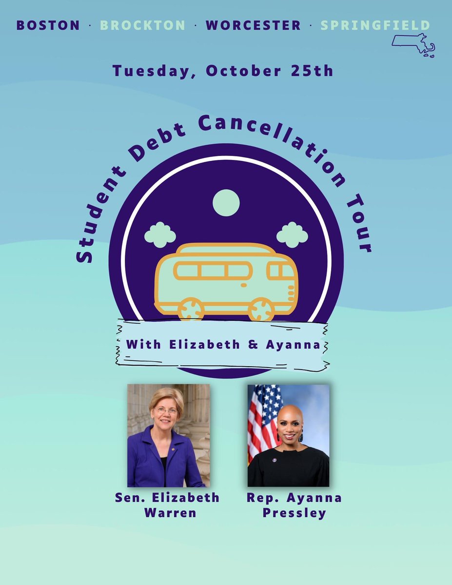 Over 813,000 Massachusetts borrowers will benefit from student debt cancellation — and @RepPressley and I can help you apply! Join us in Boston, Brockton, Worcester, or Springfield next week! RSVP here: eventbrite.com/cc/student-deb…