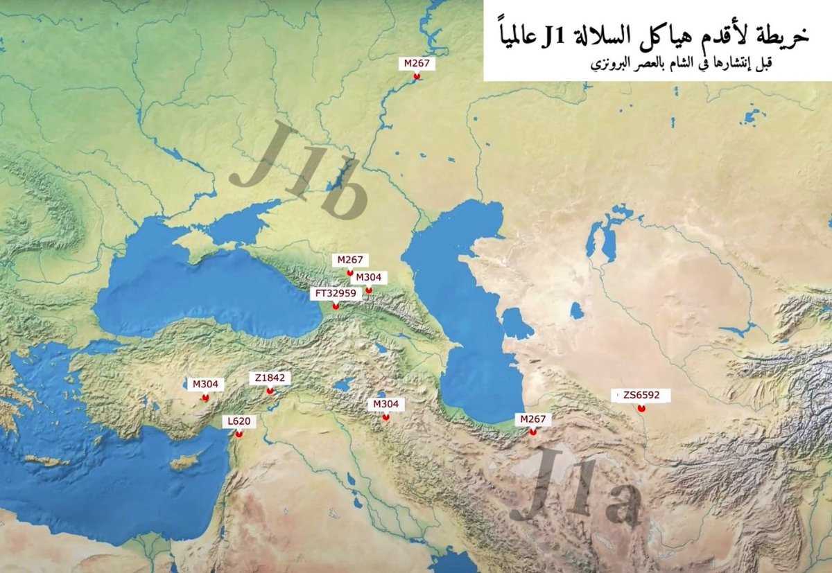 ☆ خريطة أقدم الهياكل التي أكتشافها علي السلالة J1 

قبل أن تتوسع في الشام بالعصر البرونزي 

علماً أن أحد الهياكل الإيرانية الجديدة التي تم اكتشافها قرب بحر القزوين هي علي الفرع J1a3 وهو J1-BY11761 حسب مشجرة واي فل، 

مما يجعلها عينة علوية وقريبة جداً من طفرة نشأة الجد J1a نفسه
