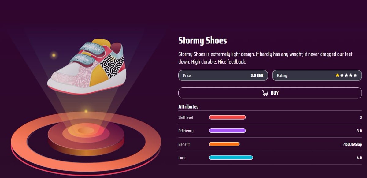 Jsweat_app's tweet photo. 👟Stormy Shoes
Stormy Shoes is extremely light design. It hardly has any weight, it never dragged our feet down. High durable. Nice feedback.
Skill level: 3
Efficiency: 3.0
Benefit: +150JS/skip
Luck: 4.0
Price: 2bnb
#Jsweat #stormy #M2E #AppLaunch https://t.co/J5m197apwk