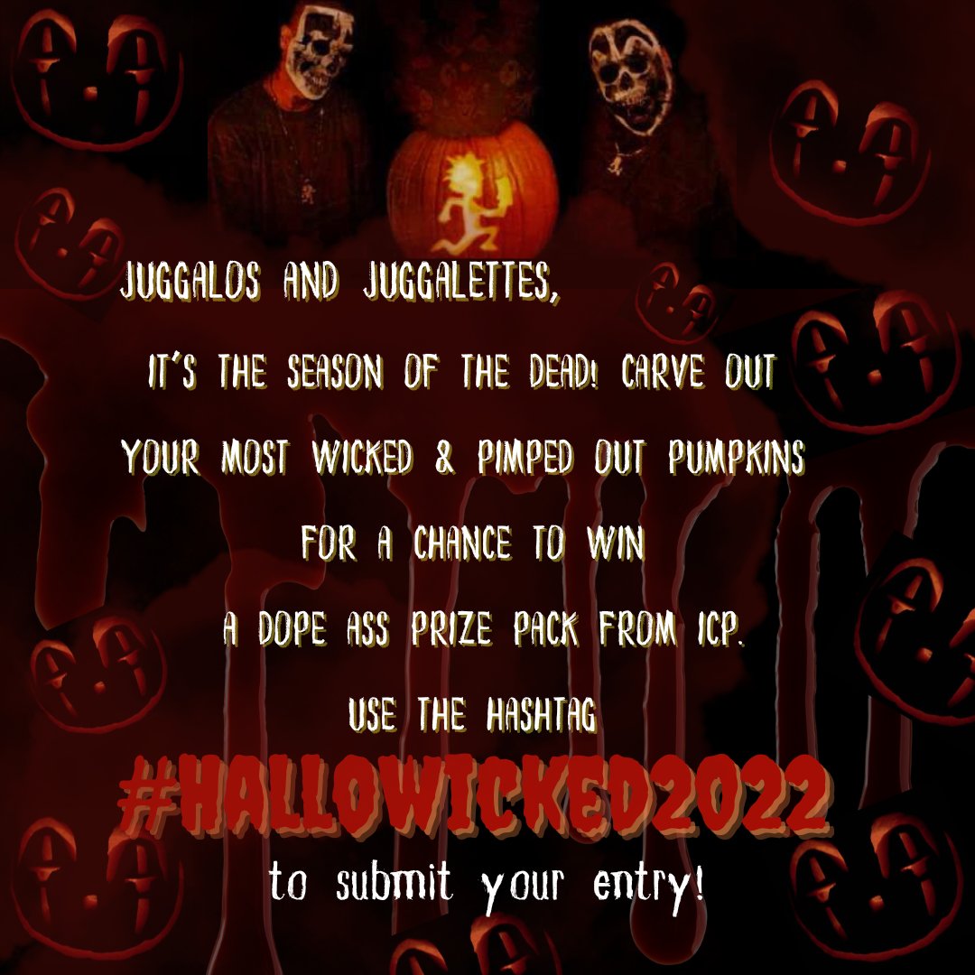 icp's tweet photo. Juggalos &amp; Juggalettes, It’s the season of the dead! Carve out your most wicked &amp; pimped out pumpkins for a chance to win a dope ass prize pack from ICP. Deadline is Halloween &amp; the winner will be announced first week of November. Use the #hallowicked2022 to submit your entry! https://t.co/iEgg5funaa
