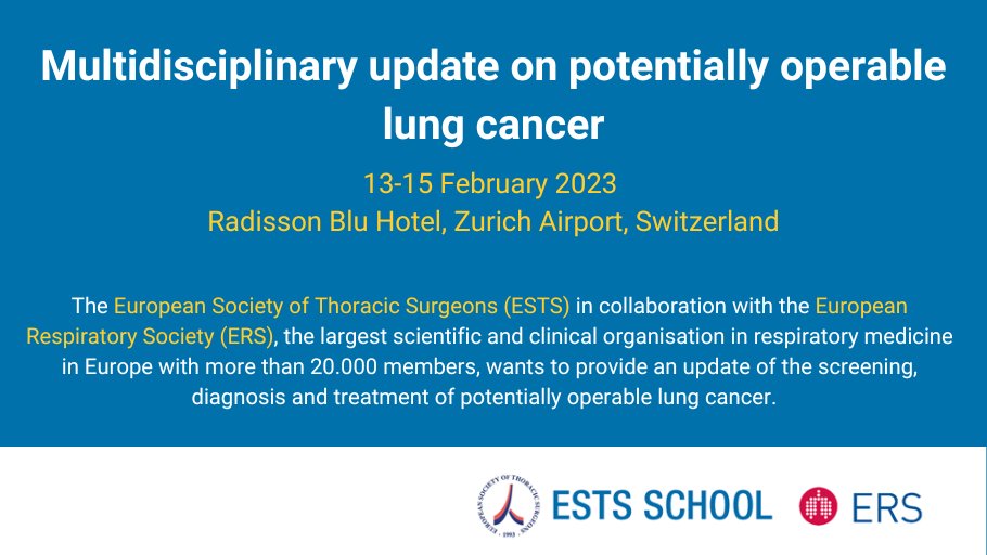 Registration is open for joint ERS/ESTS course: Multidisciplinary update on potentially operable lung cancer, taking place on 13–15 February in Zurich, Switzerland. Register now: ersnet.org/events/multidi…