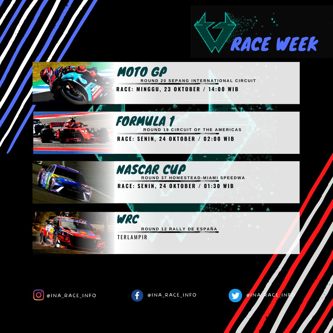 InaRaceInfo1's tweet photo. Berikut jadwal balap pekan ini 22-24 0ktober, cek ALT untuk tempat noton balap 
#f1 #motogp #f1mania #gpmania #nascarplayoffs #wrc #adacgtmasters #gtworldchaus #nürburgringlangstreckenserie #adacgt4germany #asiatalentcup #raceday #balap https://t.co/Rea2p7bwEV