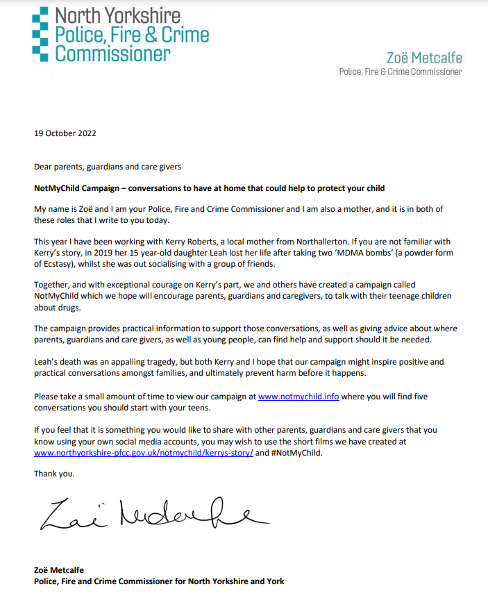 northyorkspfcc's tweet photo. This is the letter every parent in North Yorkshire and York should read - and start FIVE conversations with your teens around drugs and alcohol - to help keep them safe.
https://t.co/UzOrPsFGKm
#NotMyChild Full details at https://t.co/sqb2LhtuXu https://t.co/iMpTgdg1q2