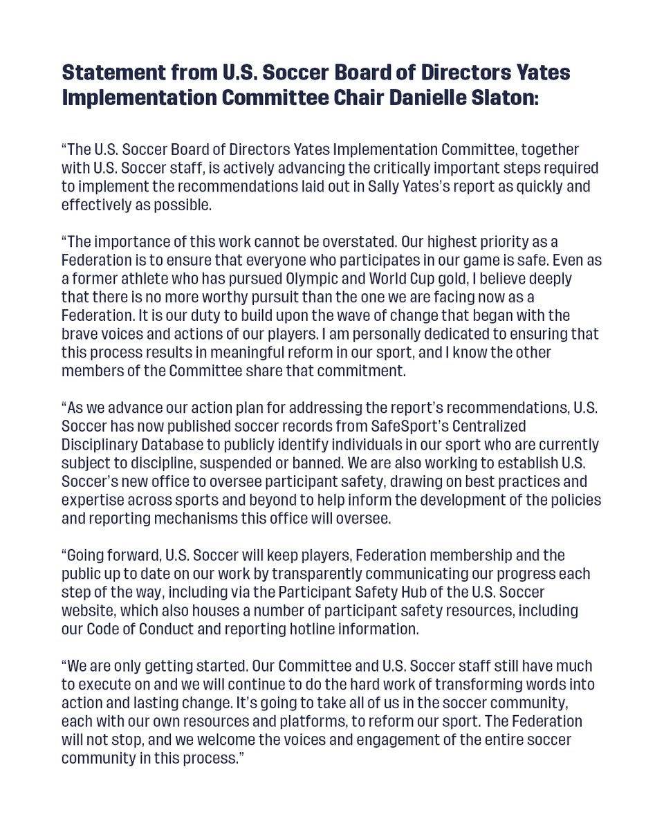 Statement from U.S. Soccer Board of Directors Yates Implementation Committee Chair Danielle Slaton » ussoc.cr/YatesUpdate1021