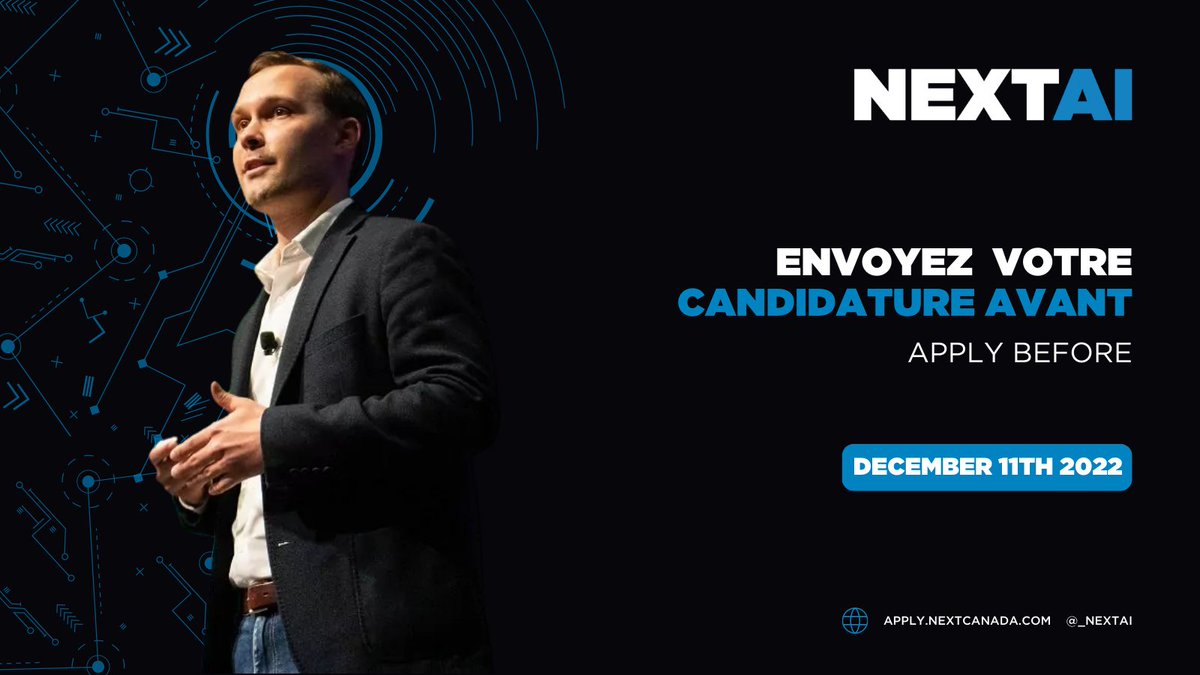 Vous avez de grandes idées pour une entreprise basée sur l'IA ?
Les candidatures pour la cohorte <a href="/_NextAI/">Next AI</a> 2023
sont maintenant ouvertes - pour en savoir plus et postuler:
apply.nextcanada.com