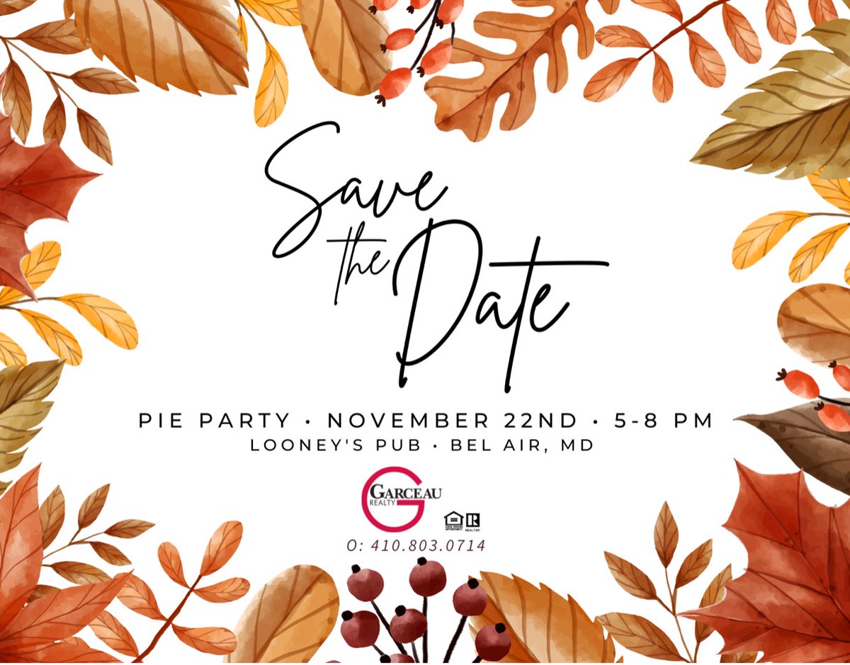 #SaveTheDate! It's that time of year...almost! This year Diamond Home Group and Garceau Realty will be having our Thanksgiving Pie Party at Looney's Pub in Bel Air, right across the street from our office. Evites will be going out next week. Make sure you RSVP!