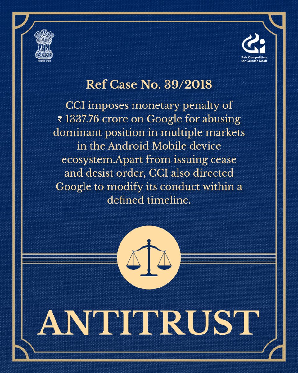 CCI_India's tweet photo. The Order passed by the Commission can be accessed here: https://t.co/nDnMJtZXNM
#Antitrust #AntitrustOrder #antitrustlaw #penalty #Google  #CCI https://t.co/U3Cd3F5UBR