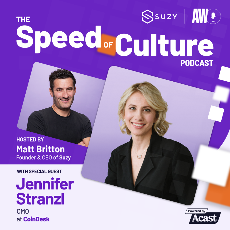 AskSuzyBiz's tweet photo. Curious about crypto? Don’t miss this episode of The Speed of Culture Podcast with @jstrizzl, CMO at CoinDesk, and Suzy Founder &amp; CEO, @MattyB. 🎧 Tune in to learn how Web3, NFTs, and crypto will revolutionize the world as we know it. #thespeedofculture