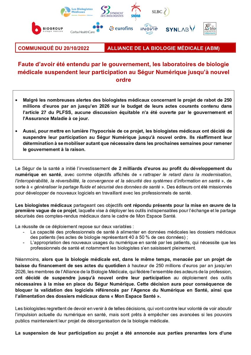LesBIOMED's tweet photo. Les biologistes médicaux ont annoncé suspendre leurs travaux sur le Ségur du Numérique ❌
https://t.co/52KmqFRLoW 

@Assur_Maladie @Sante_Gouv 
@FrcsBraun  @GabrielAttal 

#SOSBiologie https://t.co/i3a0NeousL