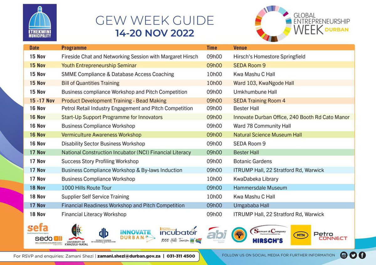 DBNBusinessFair's tweet photo. PRESENTING the full #DBF24 #GEW2022 programme… 🗓

SAVE THE DATE for 14 - 20 Nov &amp; slot yourself in for an #Entrepreneurship programmes of EPIC proportions‼️

Looking forward to an event BIGGER #DBF25 Jubilee season!!

#buylocal #supportlocal #supportsmallbusiness https://t.co/nqswlZPOuB