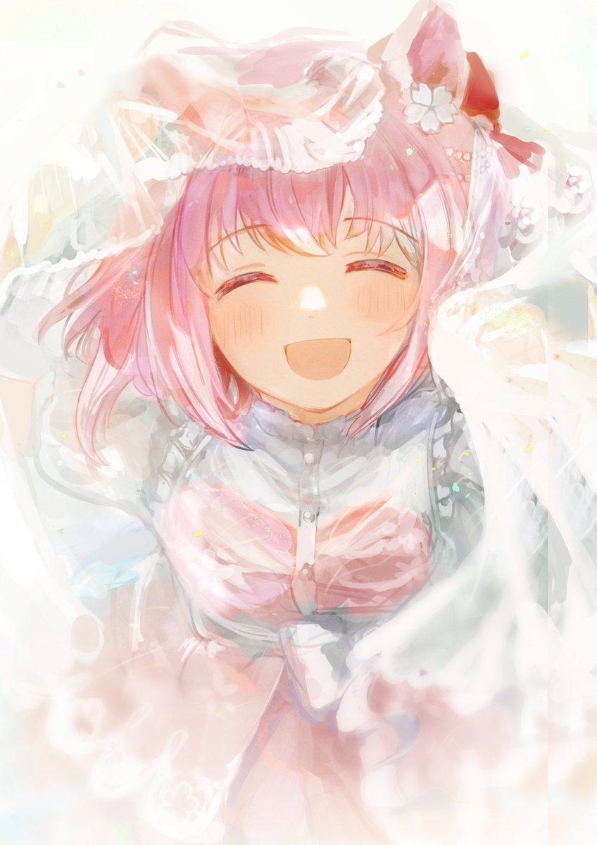 1girl animal ears horse ears solo closed eyes pink hair smile  illustration images