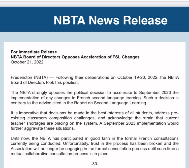 NB teachers are pulling out of consultations on French-second-language consultations over the premier’s accelerated timeline.