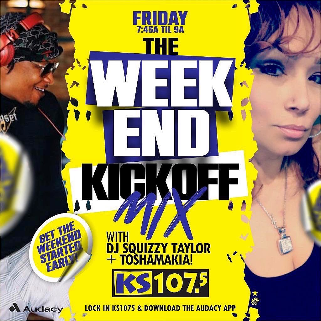 KS1075's tweet photo. Let’s goooooo!!! Finally Friday is here! Crazy Convo, giving people their flowers 🌸’s and GOOD VIBES! @DJSquizzyTaylor & @Toshamakia are in the #WeekendKickOffMix on @KS1075✈️ https://t.co/9YIiFytiKx