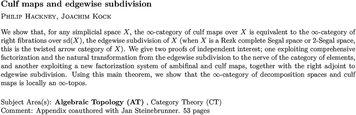 arxiv.org/abs/2210.11191…
P Hackney, J Kock
Culf maps and edgewise subdivision