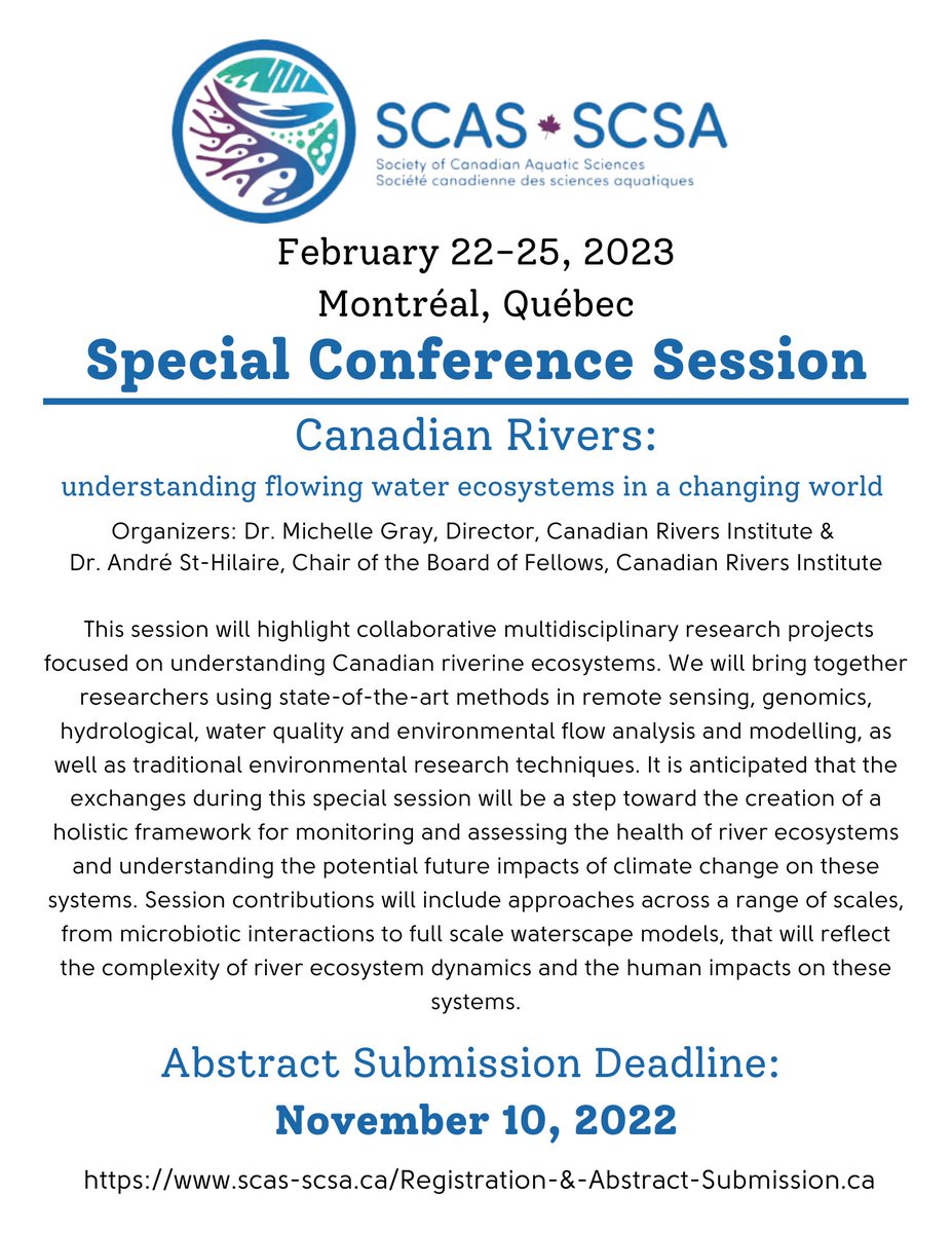 Canadian Rivers Institute (@cri_news) on Twitter photo Do you research Canadian rivers? We would love to hear about your work at the <a href="/scas_scsa/">Society of Canadian Aquatic Sciences</a> 2023 conference in our special session Canadian Rivers - understanding flowing water ecosystems in a changing world (SS11). Abstract deadline November 11, 2022 scas-scsa.ca/Registration-&… Do you research Canadian rivers? We would love to hear about your work at the <a href="/scas_scsa/">Society of Canadian Aquatic Sciences</a> 2023 conference in our special session Canadian Rivers - understanding flowing water ecosystems in a changing world (SS11). Abstract deadline November 11, 2022 scas-scsa.ca/Registration-&…