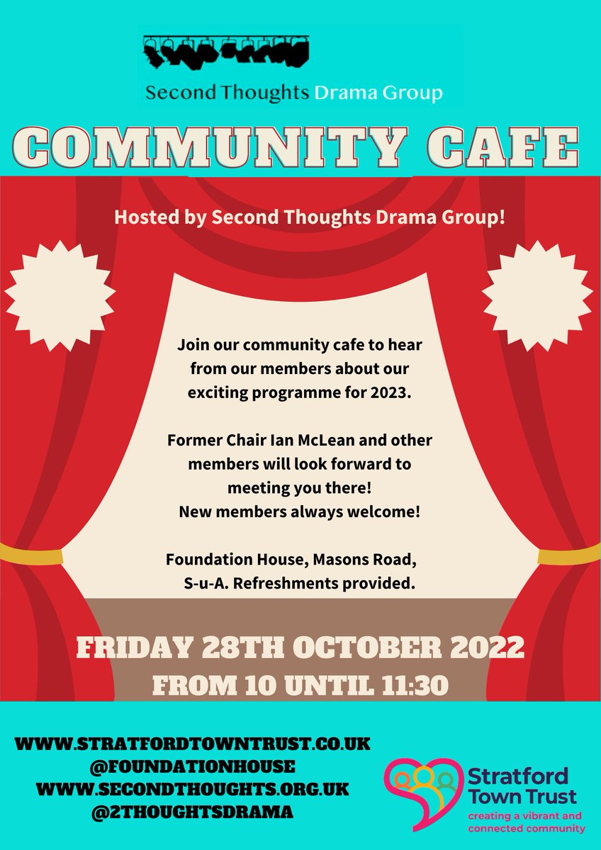F0undationHouse's tweet photo. We are excited for our next Community café, on Friday next week- come along if you can! Hosted by Second Thoughts Drama Group who will run through their 2023 programme! Cake supplied as always 😊 please share https://t.co/bTRICuRwZ5