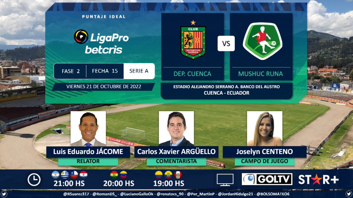 ⚽ #LigaProBetcris 🇪🇨 | @DCuencaOficial vs. @ClubMushucRuna1 🎙 Relator: @LuisEduJacome 🎙 Comentarista: @CarlosXArguello ⛳️ Campo de juego: @Joselyncentenob 📺 @GolTV Latinoamérica 💻📱@StarPlusLA Latinoamérica 🤳 #LigaProBetcrisxGolTV - #JugamosTodos Dale RT 🔃